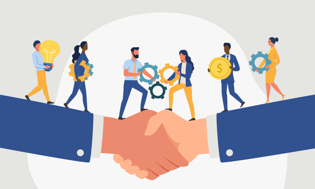 Illustration of two large hands shaking in the foreground, symbolizing partnership, with diverse business professionals walking across the handshake while carrying symbols of collaboration such as gears, a lightbulb, and a gold coin.
