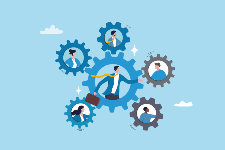 Illustration of businesspeople inside interconnected gears, symbolizing teamwork and collaboration, with one central figure shaking hands and holding a briefcase.