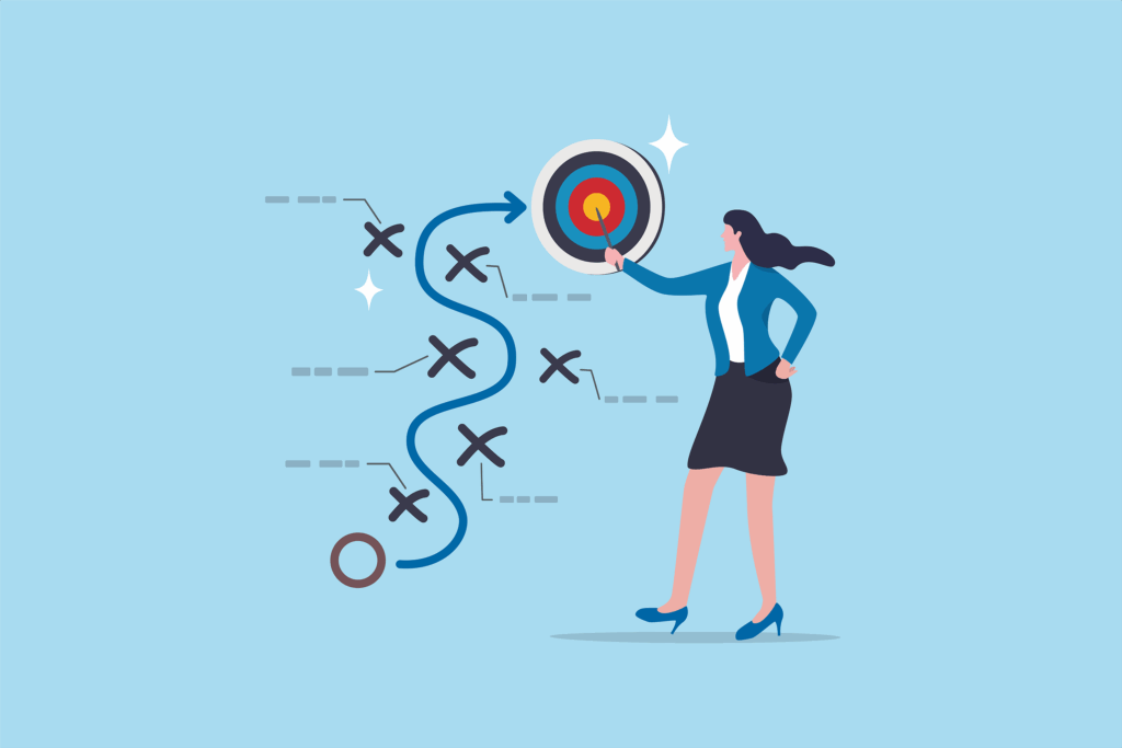 Illustration of a businesswoman standing next to a dartboard with a winding arrow targeting the center, representing strategic planning and success.