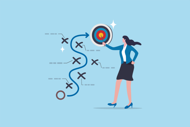 Illustration of a businesswoman standing next to a dartboard with a winding arrow targeting the center, representing strategic planning and success.
