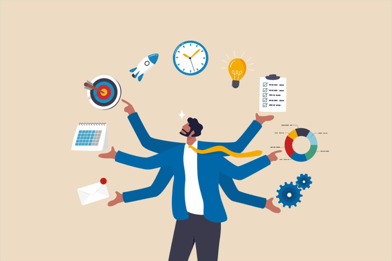 Illustration of a person with six arms multitasking, managing tasks such as target setting, scheduling, email, planning, innovation, checklist, pie chart, and gears.