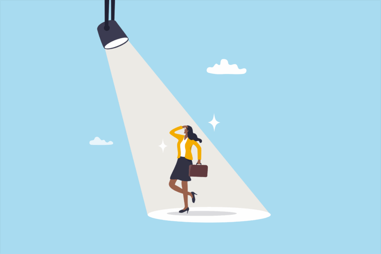 Illustration of a businesswoman standing confidently under a spotlight, exuding empowerment and determination.