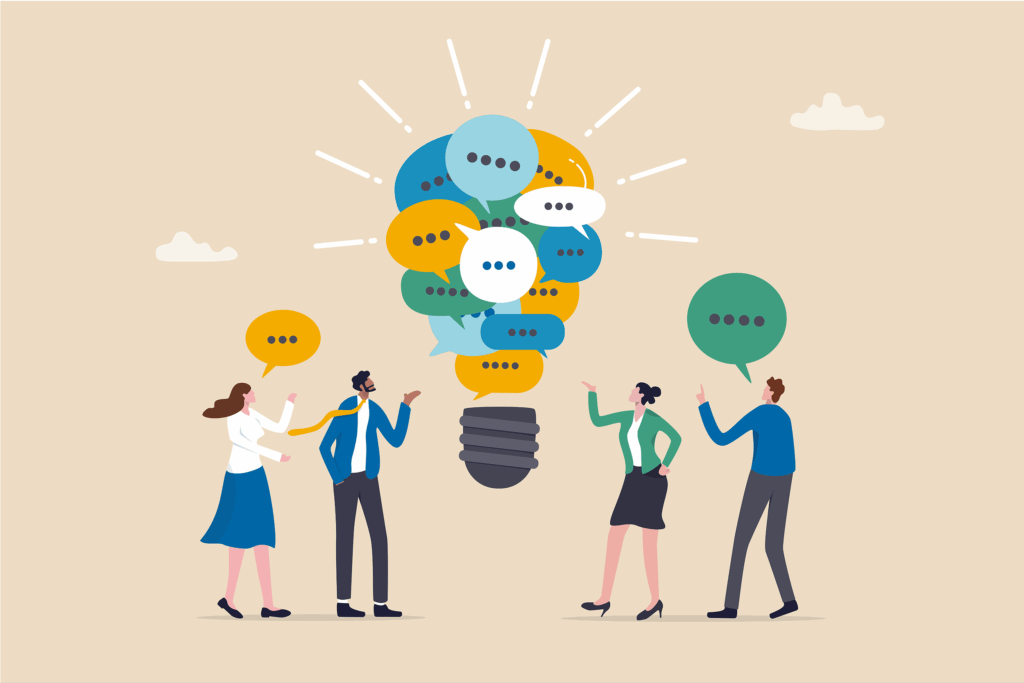 Illustration of business professionals exchanging ideas, highlighted by a light bulb representing inspiration.