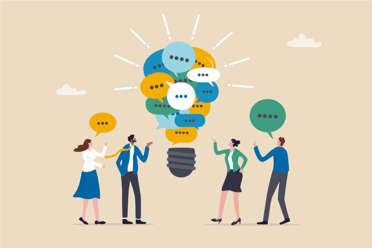 Illustration of business professionals exchanging ideas, highlighted by a light bulb representing inspiration.