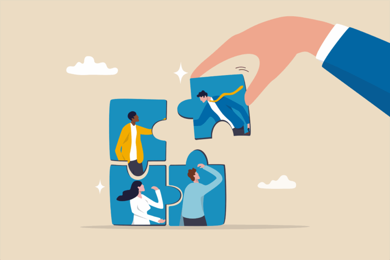 Illustration of four business individuals assembled into pieces of a jigsaw puzzle, highlighting teamwork and collective effort in a work environment.